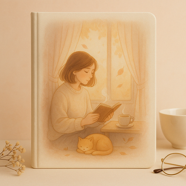 Warm and cozy notebook with a girl reading