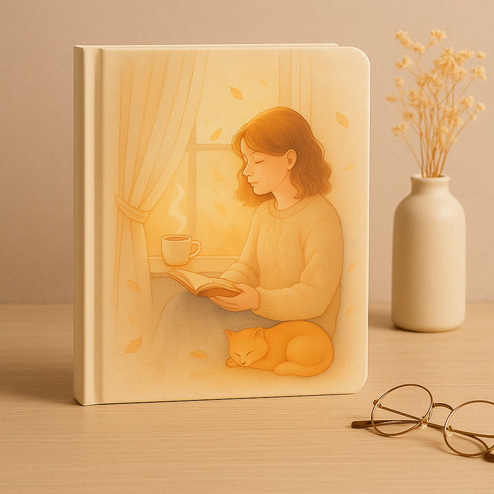 Warm and cozy notebook with a girl reading