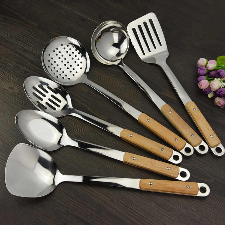 Stainless Steel Home Kitchen Tools, Wood Grain Handle Spoon, Kitchen Shovel Tool Set