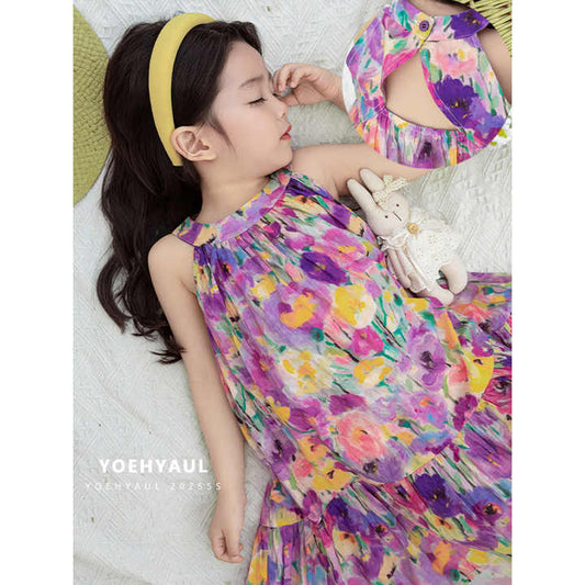 YOEHYAUL X4925 Girls Sleeveless Dresses with Belt 1 Year 1-8T Green Purple Long Toddler Baby Floral Cotton Dress for Kids