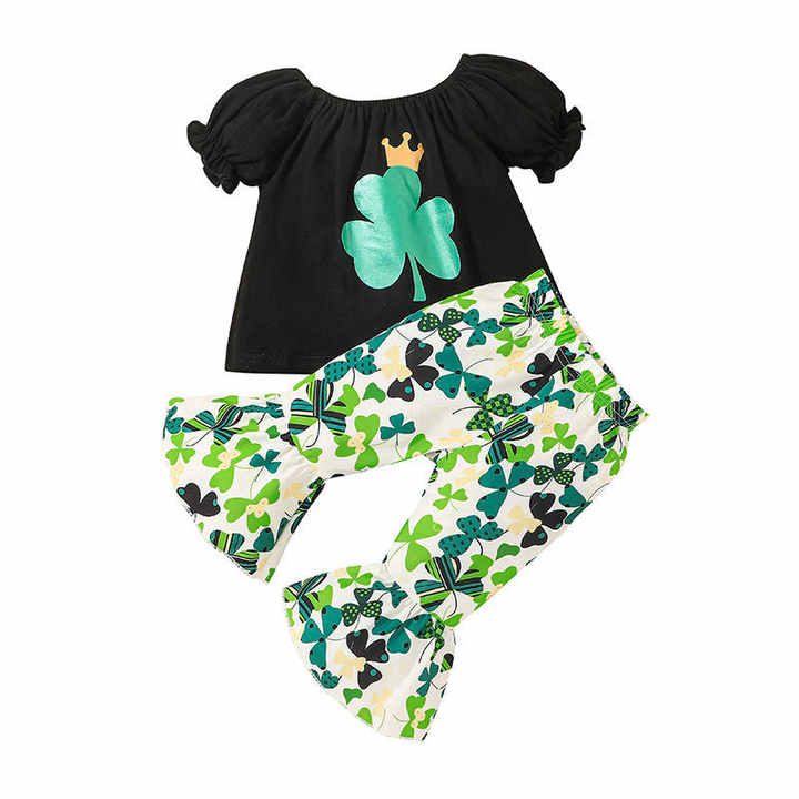 Clover Girl St. Patrick's Day Baby Clothes Set Shirts with Pants Suit Kids Girls Cotton Clothes Set