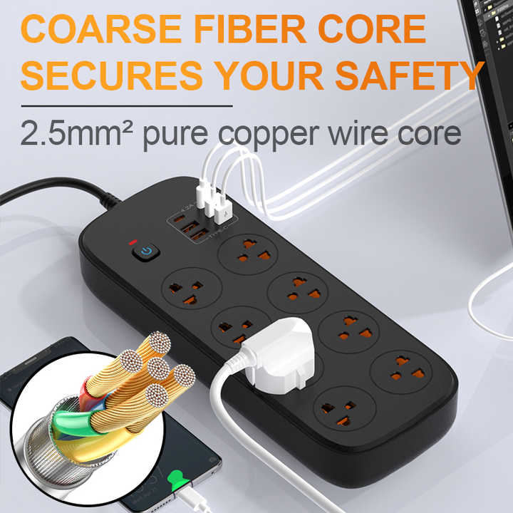 Customizable Wire Length Thai Standard Power Panel Socket, Power Switch Socket Surge Protector with 6 USB