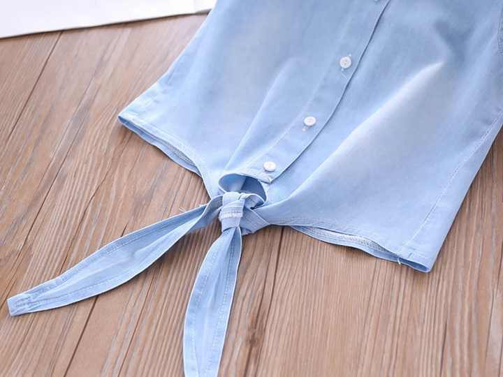 الصيف الفتيات مجموعة ملابس الدنيم زهرة المطرزة التلبيب 2022 Summer Girls Clothing Set Denim Flower Embroidered Lapel Top + Net Yarn Skirt 2 Pieces Suit Princess Baby Kids Children Clothes