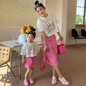 Summer Fashion Mommy and Me T-Shirt and Plain Skirt Pink Twill A-Line Dress Girls Comfortable High Quality Baby Girls Clothes