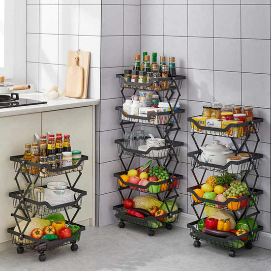 Home & Kitchen Foldable Fruit & Vegetable Storage Basket Rolling Standing Organizer Shelf Trolley with Wheels