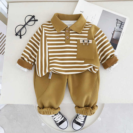 بنطلون اولاد طقم قميص أطفال مخطط بجيوب على الياقة للأولاد مكون من قطعتين