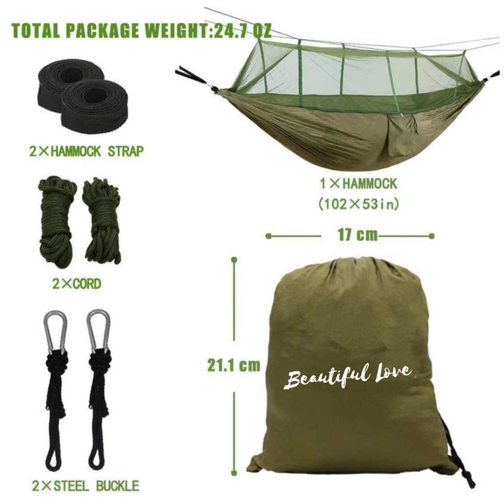 High Quality Nylon Camping Outdoor Hammock with Mosquito Net Lightweight Portable Double Parachute Hammocks Tent for Hiking أرجوحة تخييم خارجية عالية الجودة من النايلون مع ناموسية خفيفة الوزن محمولة بمظلة مزدوجة للمشي لمسافات طويلة