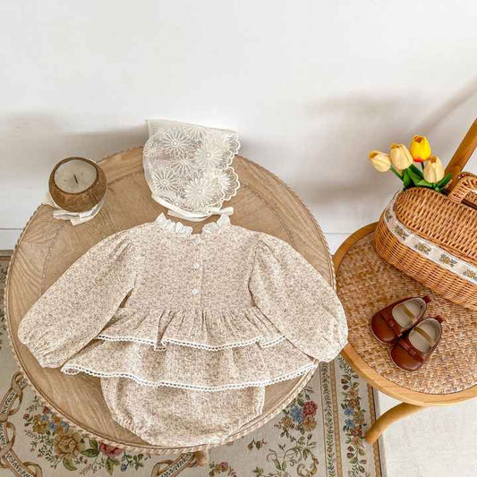 Engepapa Autumn Baby Romper, Girls Printed Long Sleeve Romper, Lace Cotton Baby Clothes