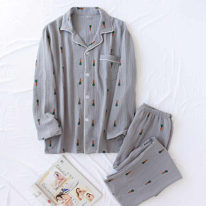 Cute Strawberry Printed Long Sleeve V Neck Nightgown Women Cotton Pajama Set for Women