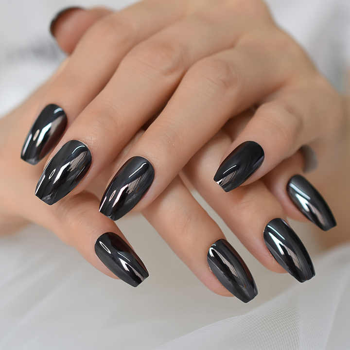 Metallic Black Fake Nail Reflective Surface