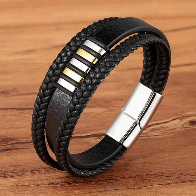 Men's multi-layer woven leather stainless bracelets and bangles.