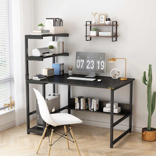 YQ Forever Home Office Wooden Dresser Study Writing Desk Black Computer Table Desks with Bookshelf