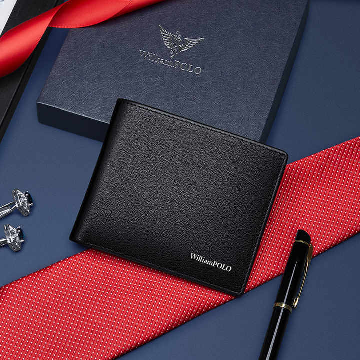 Best Selling Men's Black Leather RFID Blocking Classic Wallet with Buckle Closure.