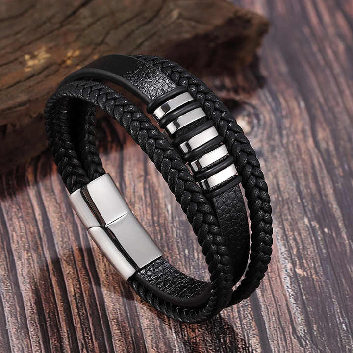 Men's multi-layer woven leather stainless bracelets and bangles.
