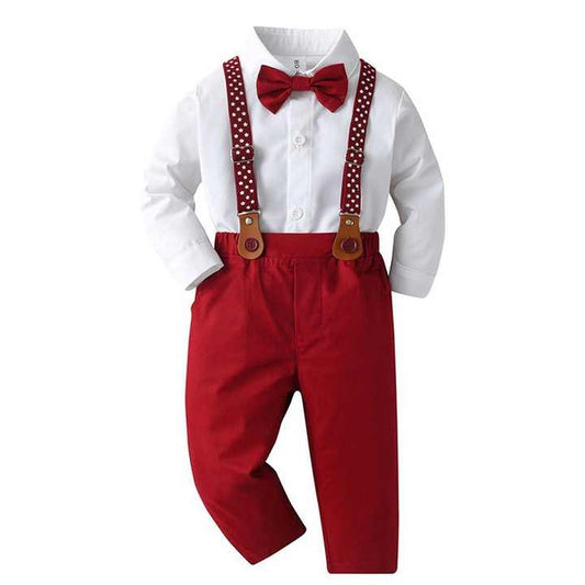 أزياء جديدة للأولاد والأطفال قميص + بنطلون . New Fashion Boys Kids Shirt + Pants 2 Piece Set Long Sleeve Suspender Trousers Children's Button Gentleman