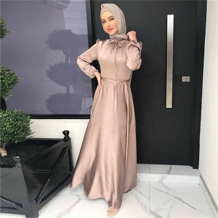 Women Muslim Satin Silk Puff Long-Sleeve Maxi Dress