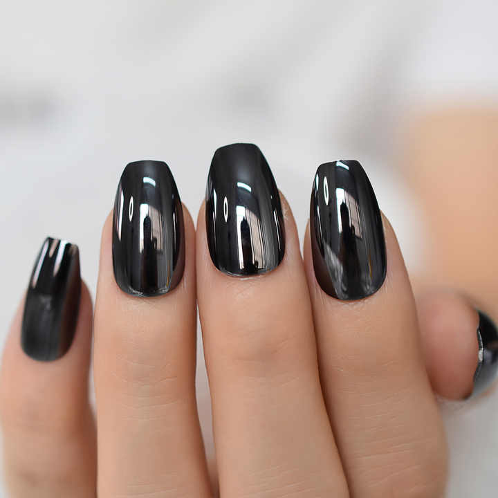 Metallic Black Fake Nail Reflective Surface