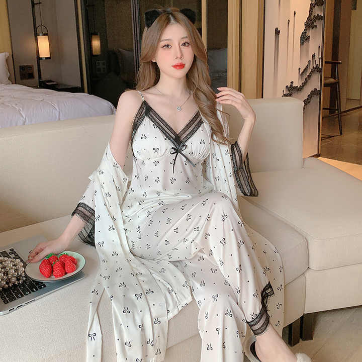 Sexy Satin Lace Pajamas 3 Pieces