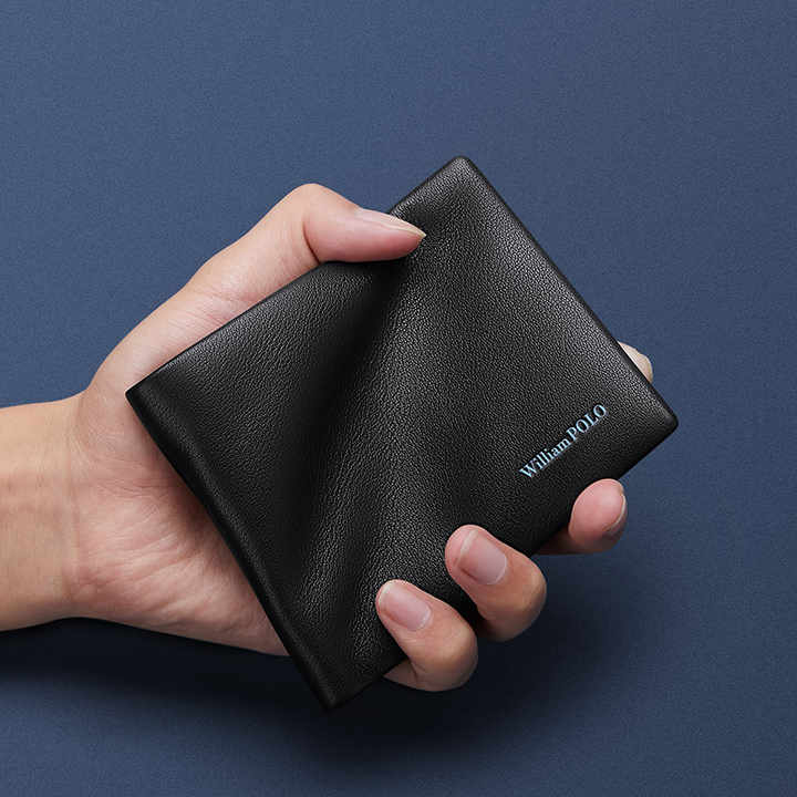 Top Grain Black Leather Small Foldable Wallet for