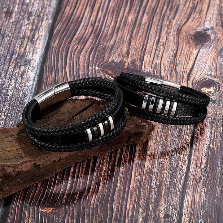 Men's multi-layer woven leather stainless bracelets and bangles.
