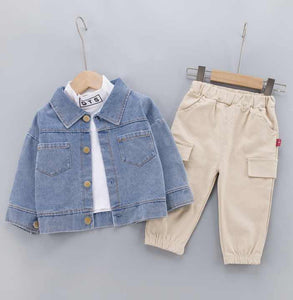 مجموعة ملابس خريفية عصرية مناسبة لعمر 1-5 سنوات جينز للأطفال 3 سنوات 1-5 Years Fashionable Autumn Clothes Set with Jeans Coat and Pants 3 Boys