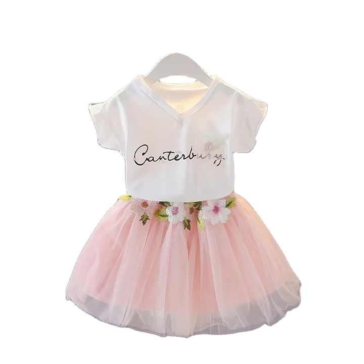 Summer girl Korean version cheap price pure cotton top + puffy skirt 2 pieces children's clothing setفتاة الصيف النسخة الكورية رخيصة الثمن القطن الخالص أعلى + تنورة منتفخة 2 قطعة مجموعة ملابس الأطفال