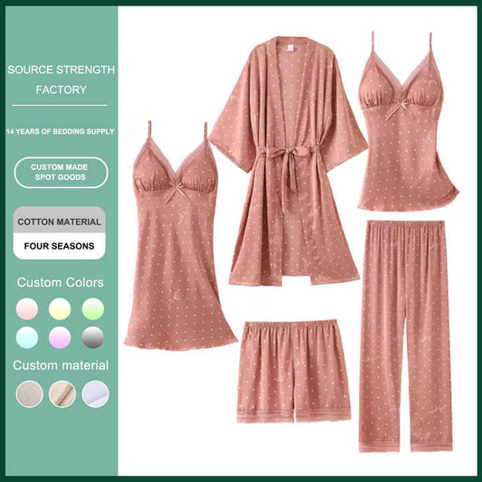 Women's New Five-Piece Imitated Silk Nightgown Suit Fashionable Home Wear with Smooth Nightdress for Sleepwear