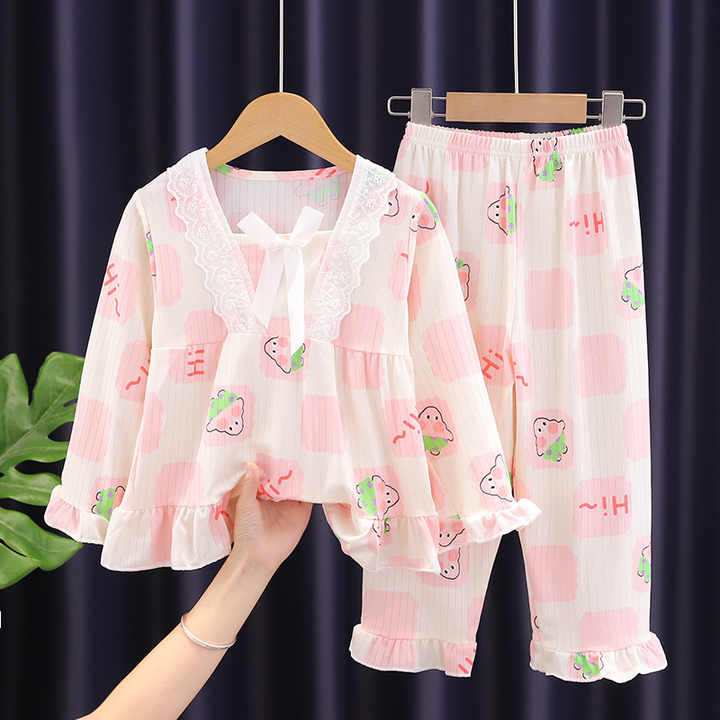 Spring Long Sleeve Pajamas Set, Princess Style Square Collar Pajamas, Cute Cartoon Print Thin Children's