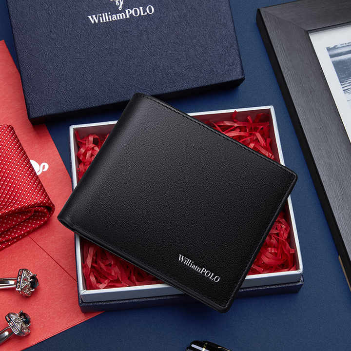 Best Selling Men's Black Leather RFID Blocking Classic Wallet with Buckle Closure.