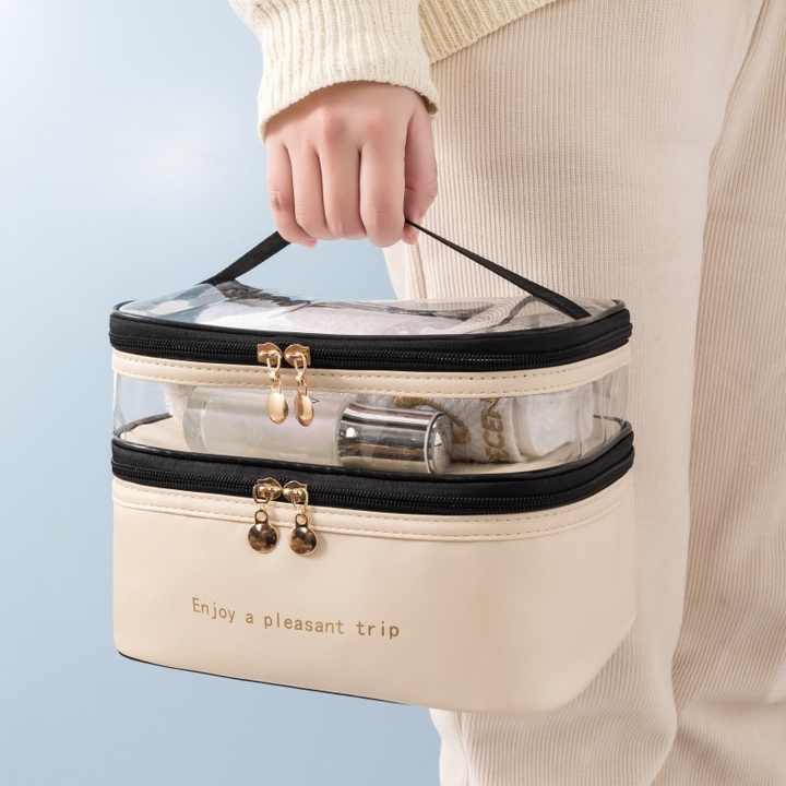 حقيبة مكياج من طبقة مزدوجة شفافة - Double Layer Makeup Bag Portable Travel