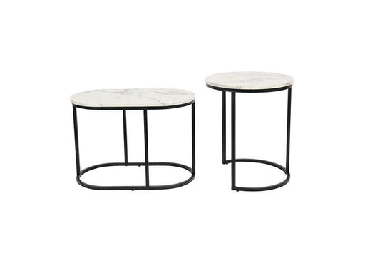 متداخلة لطاولتين خشب رخامي أبيض مستدير حديث ، إطار معدني أسود ، أعلى بيضاوية وساق سوداء Nesting of two modern round white marble wood tables, black metal frame, oval top and black leg