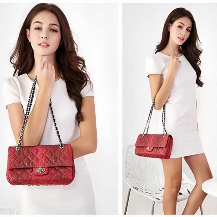 Women's Classic Luxury Key Bag Genuine Snakeskin Quilted