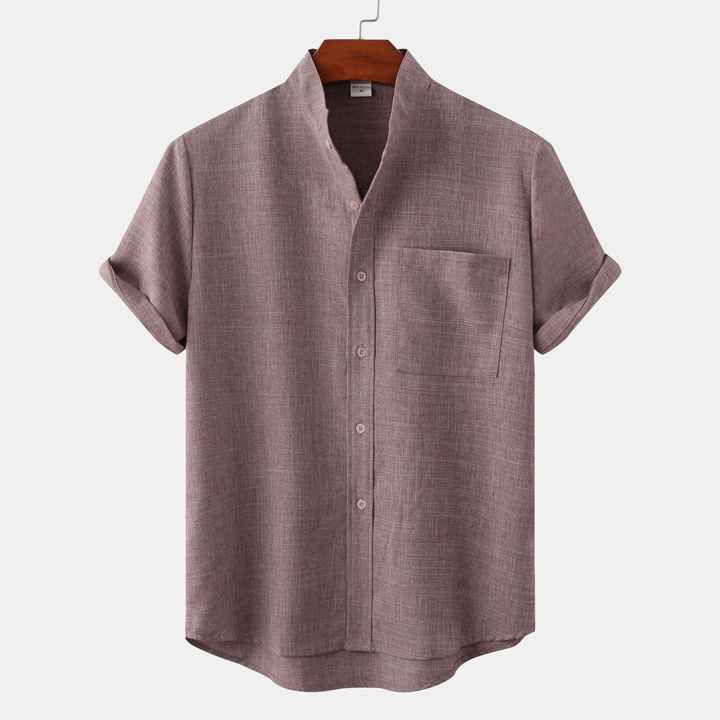 Summer Fashion Men's Casual Solid Color Stand Collar Short Sleeve Cotton Linen Breathable Knitted Top Pocket Shirt