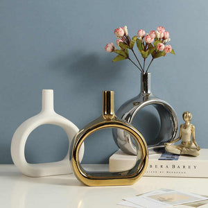Nordic ceramic vase for home decoration ornaments golden silver white ceramic art vases.