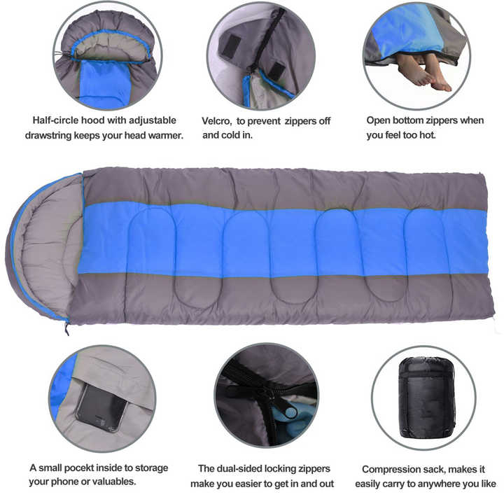 Compact, lightweight, portable, waterproof sleeping bag.