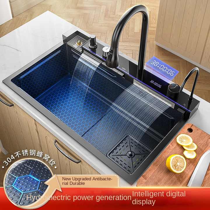 Large stainless steel multi-function kitchen sink for washing vegetables with four holes حوض مطبخ كبير من الفولاذ المقاوم للصدأ متعدد الوظائف لغسيل الخضروات المنزلية بأربعة فتحات