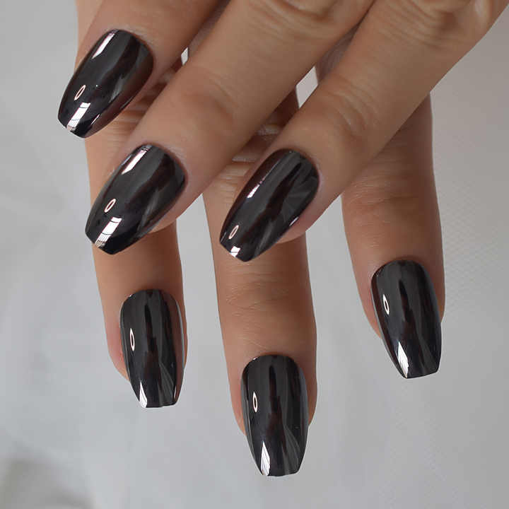 Metallic Black Fake Nail Reflective Surface