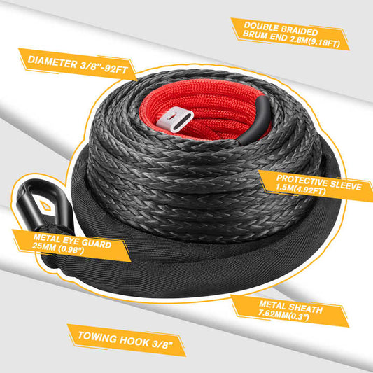 حبل رافعة أسود صناعي مقاس . 80ft Black Synthetic Winch Rope 24,000 lbs,