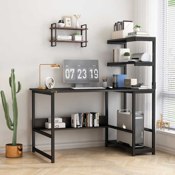 YQ Forever Home Office Wooden Dresser Study Writing Desk Black Computer Table Desks with Bookshelf
