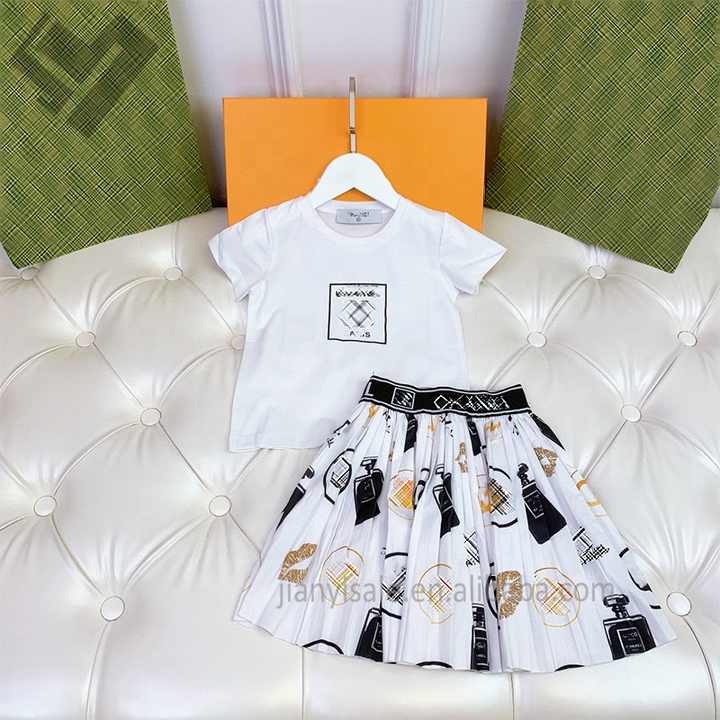 Luxury Baby Girls Dress Summer Printed Kids Clothes Children's Dress Short Sleeve 2 Piece Skirt Set