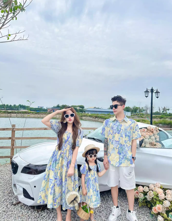 Cute Baby Girls Casual Print Chiffon Family Matching Clothes Dress with Short Sleeve for Summer Season