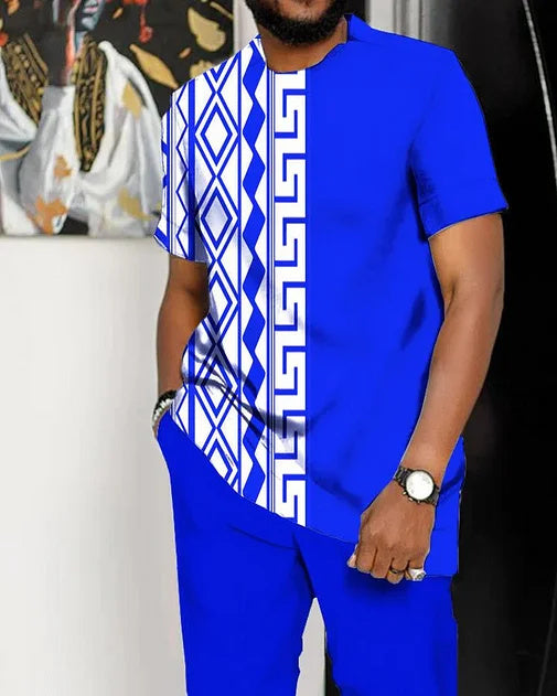 بدلة رجالية بنية بيضاء مطبوعة بأكمام قصيرة