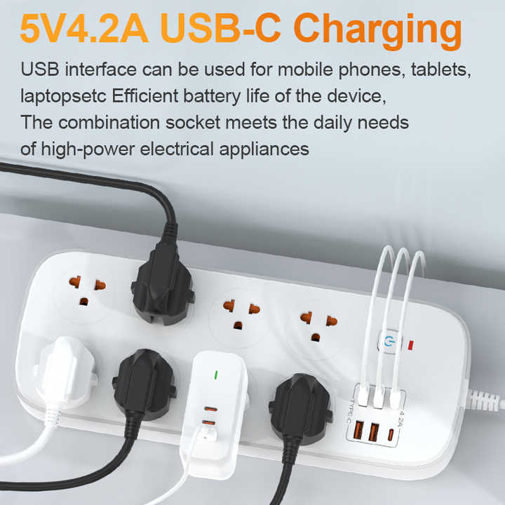 Customizable Wire Length Thai Standard Power Panel Socket, Power Switch Socket Surge Protector with 6 USB
