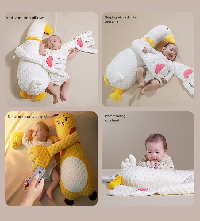A soothing pillow in the form of a goose, a calming hand game for newborns, home woven