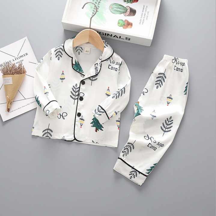 Fashion Printed Kids Long Sleeve Satin Sleepwear Set