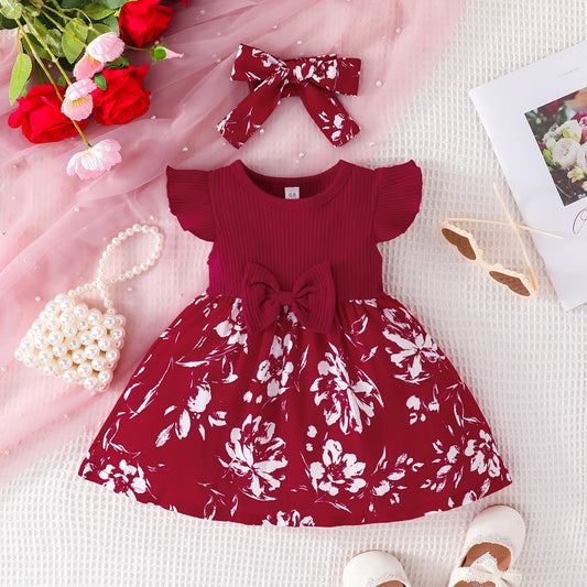 فستان فتاة صغيرة بأكمام طويلة مع فيونكة لطيفة - Little Girl Sweet Bow Fly Sleeve Dress Baby