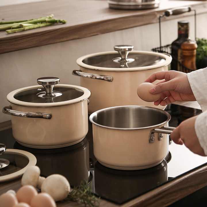New Color Stainless Steel Pots and Pans 16 Pieces Stainless Steel Cookware Set Soup Pot Setجديد اللون أوانٍ من الستانليس ستيل والمقالي 16 قطعة أواني مصنوعة من الفولاذ المقاوم للصدأ مجموعة الطبخ إناء للحساء مجموعة