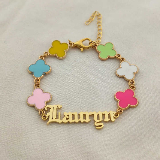 Kids Accessories Color Four Leaf Clover Name Bracelet Custom Initial Name Gold Plated