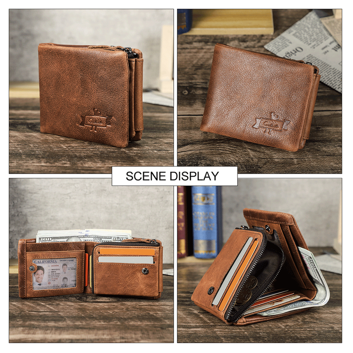 محفظة رجالية من الجلد الطبيعي بثلاث طيات . Contact's Wholesale Crazy Horse Men's Genuine