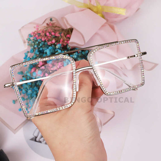 Wholesale Rectangular Glasses Crystal Bling Loose Fit Clear Lens Rhinestone Anti Blue Big Square Women Diamond Sunglasses
